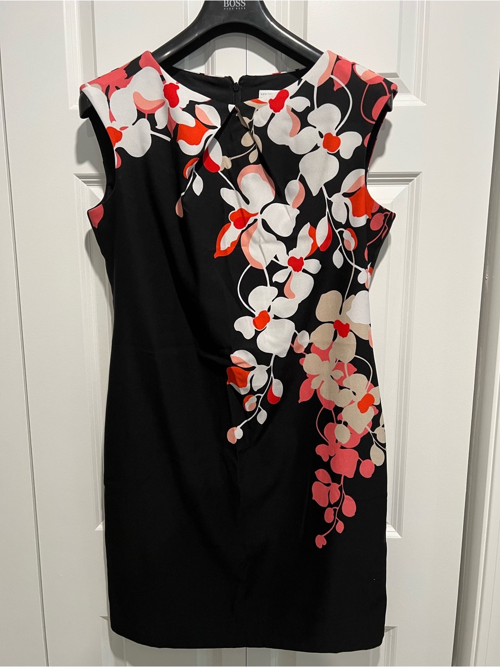 Floral Print Sheath Dress - Black with Pink & Red Accents